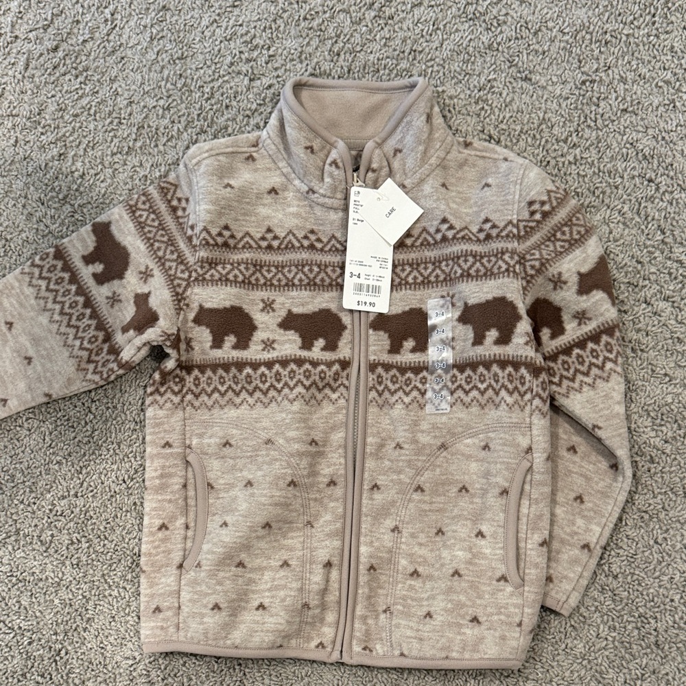 NWT UNIQLO 3-4 yo Cozy Bear Pattern Kids Fleece Jacket ski 🎿